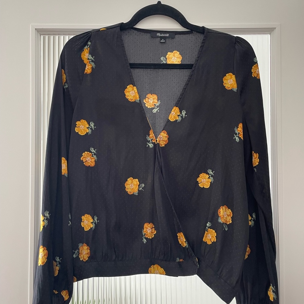 Madewell Black Floral Wrap Blouse
